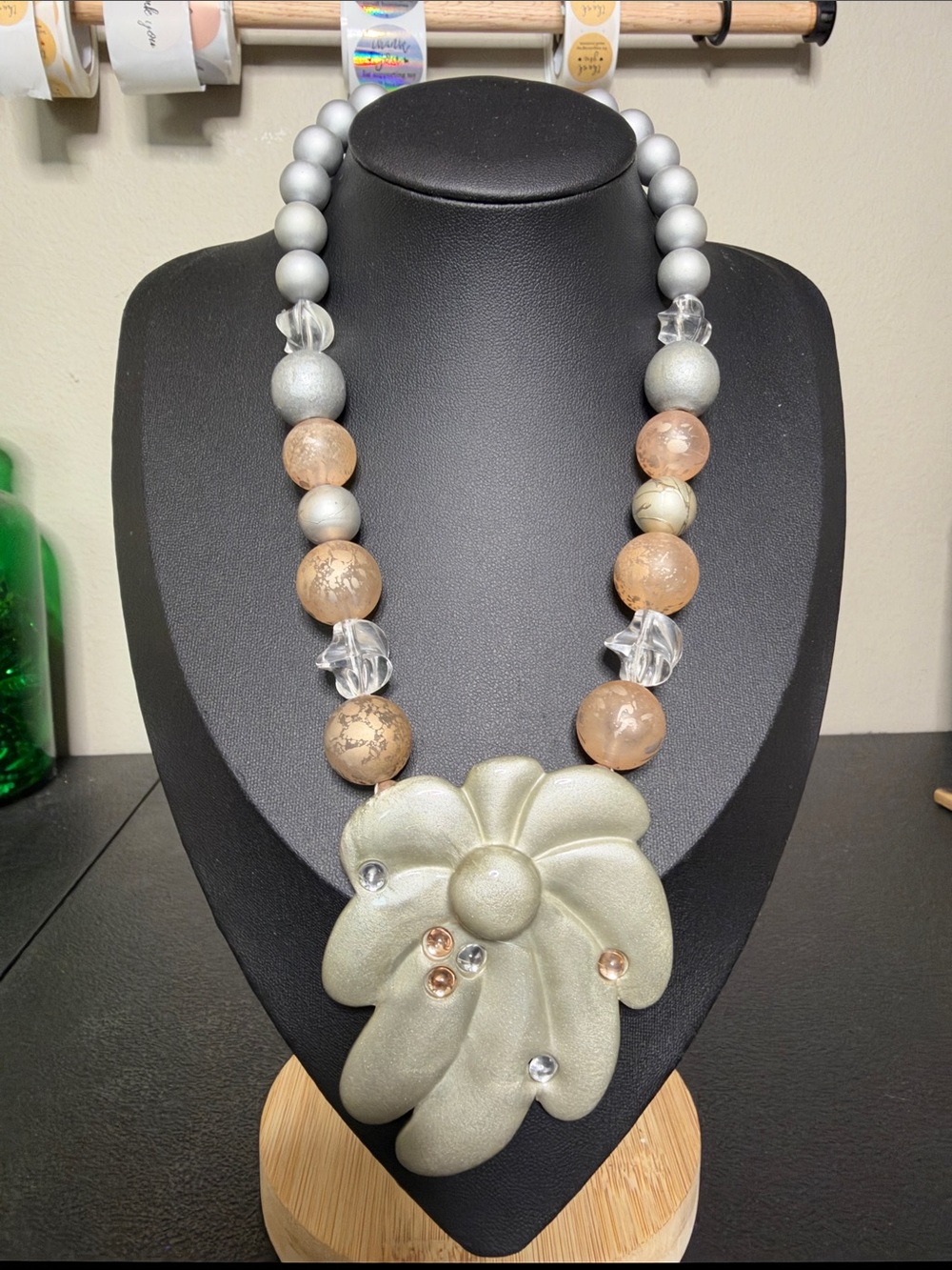 Handcrafted Gray & Peach Floral Chunky Acrylic Statement Necklace